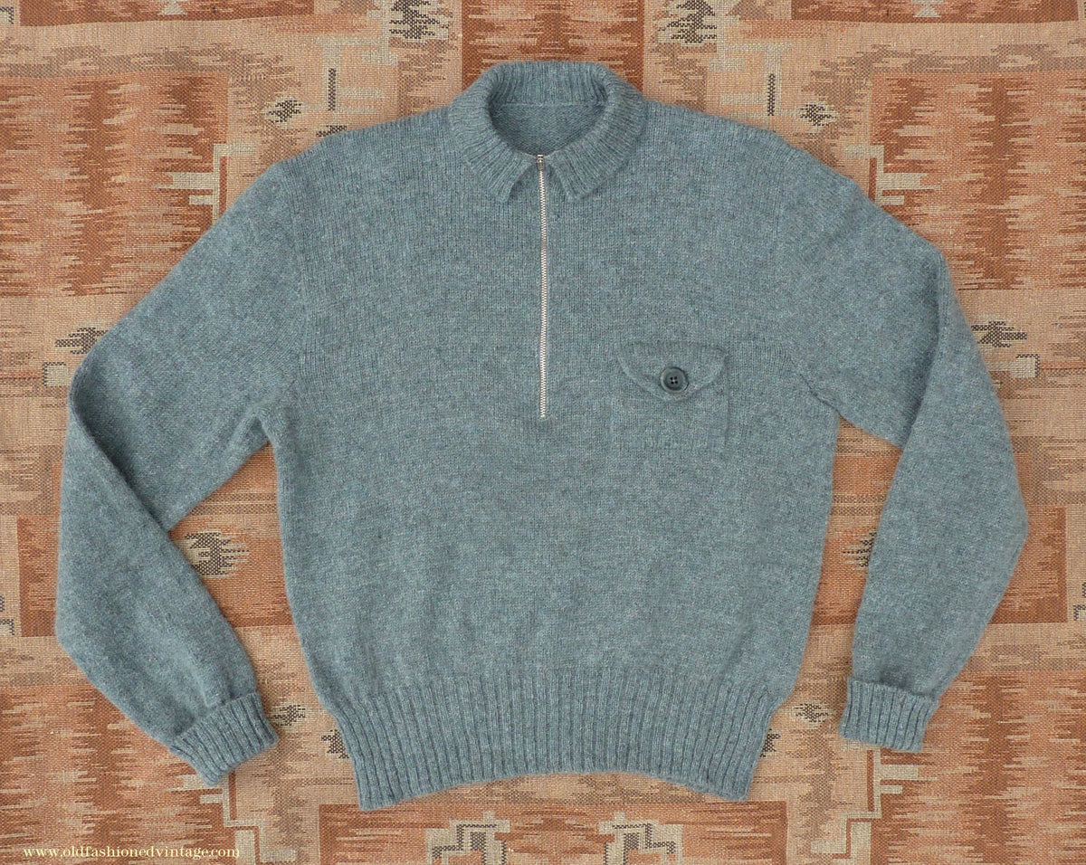 Old Fashioned Garments Vintage Reproduction 1930s 1940s Mens Chest Pocket Zip Neck Jumper Natural Green Grey Melange Polo Sweater M