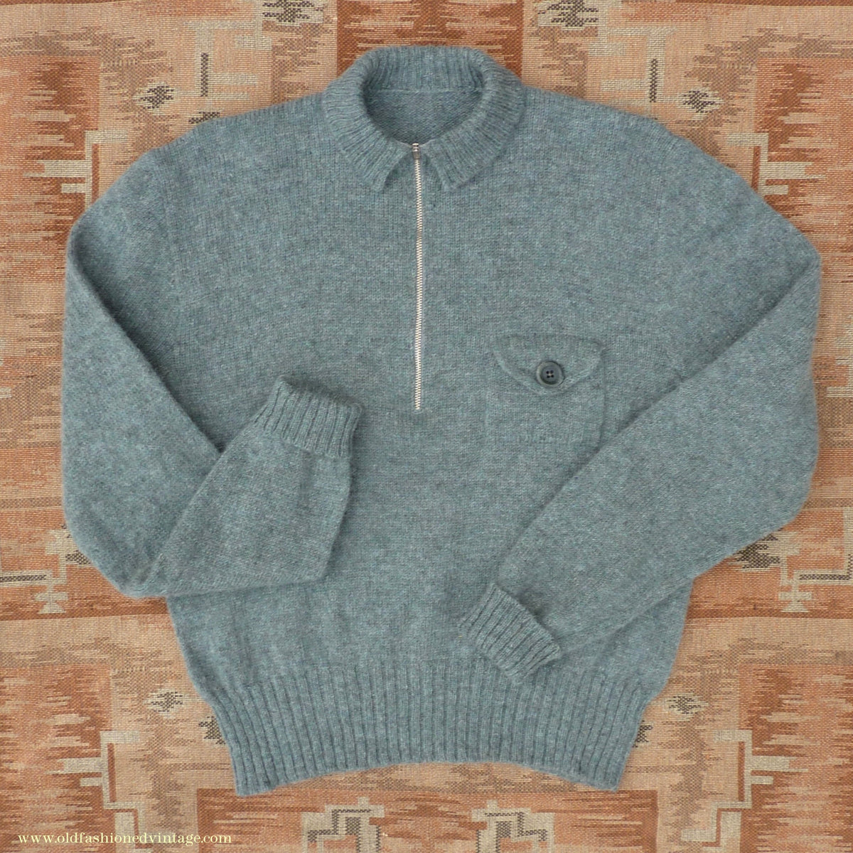 Old Fashioned Garments Vintage Reproduction 1930s 1940s Mens Chest Pocket Zip Neck Jumper Natural Green Grey Melange Polo Sweater M