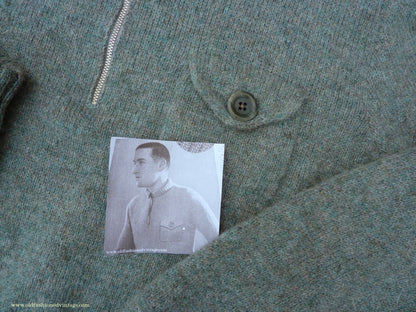 Old Fashioned Garments Vintage Reproduction 1930s 1940s Mens Chest Pocket Zip Neck Jumper Natural Green Grey Melange Polo Sweater M