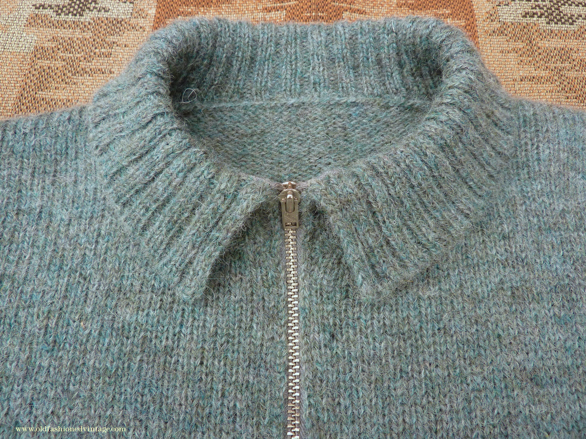 Old Fashioned Garments Vintage Reproduction 1930s 1940s Mens Chest Pocket Zip Neck Jumper Natural Green Grey Melange Polo Sweater M