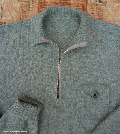 Old Fashioned Garments Vintage Reproduction 1930s 1940s Mens Chest Pocket Zip Neck Jumper Natural Green Grey Melange Polo Sweater M