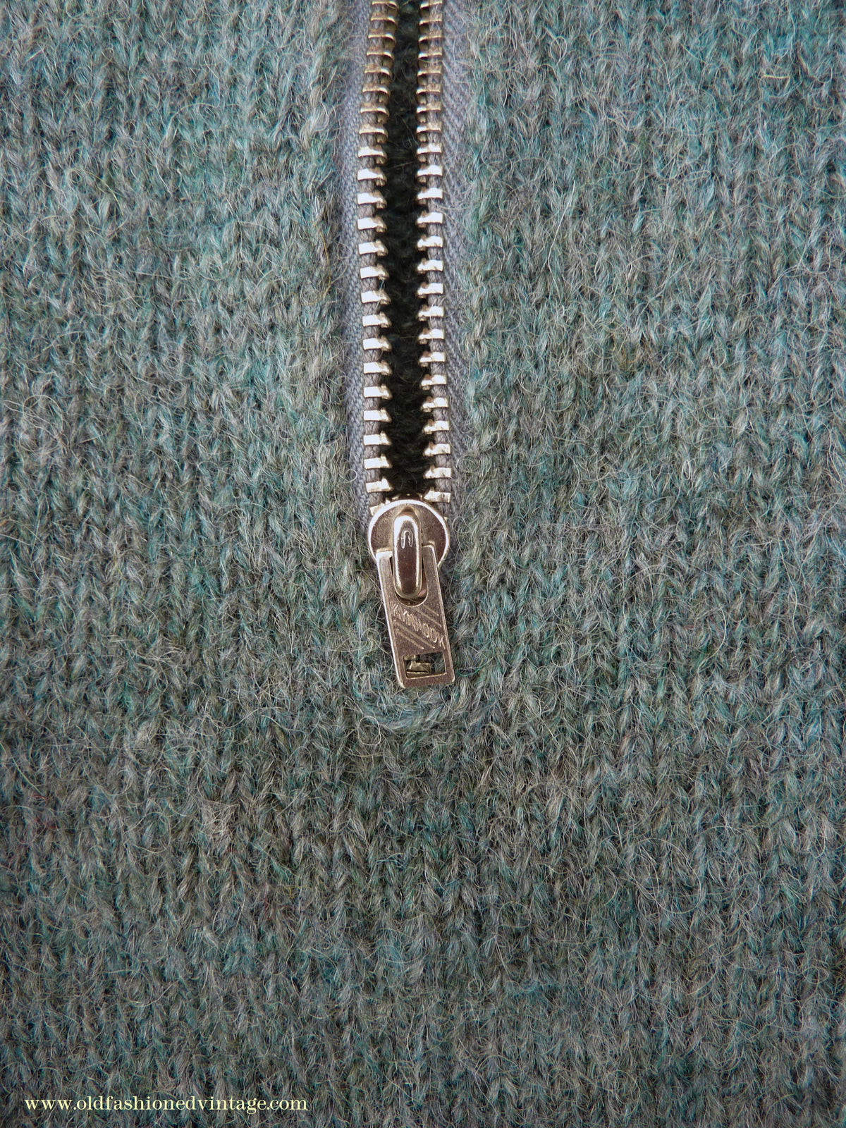Old Fashioned Garments Vintage Reproduction 1930s 1940s Mens Chest Pocket Zip Neck Jumper Natural Green Grey Melange Polo Sweater M