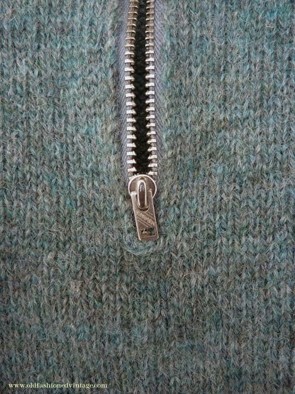 Old Fashioned Garments Vintage Reproduction 1930s 1940s Mens Chest Pocket Zip Neck Jumper Natural Green Grey Melange Polo Sweater M