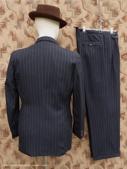 Vintage Mens 1940s 1950s Double Breasted Suit Navy Blue Pinstripe 38"