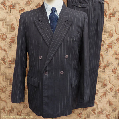 Vintage Mens 1940s 1950s Double Breasted Suit Navy Blue Pinstripe 38"