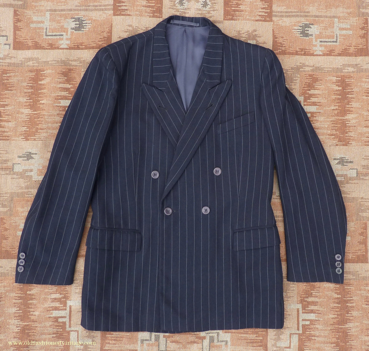 Vintage Mens 1940s 1950s Double Breasted Suit Navy Blue Pinstripe 38"
