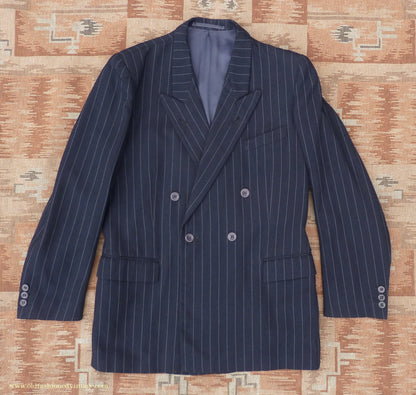 Vintage Mens 1940s 1950s Double Breasted Suit Navy Blue Pinstripe 38"