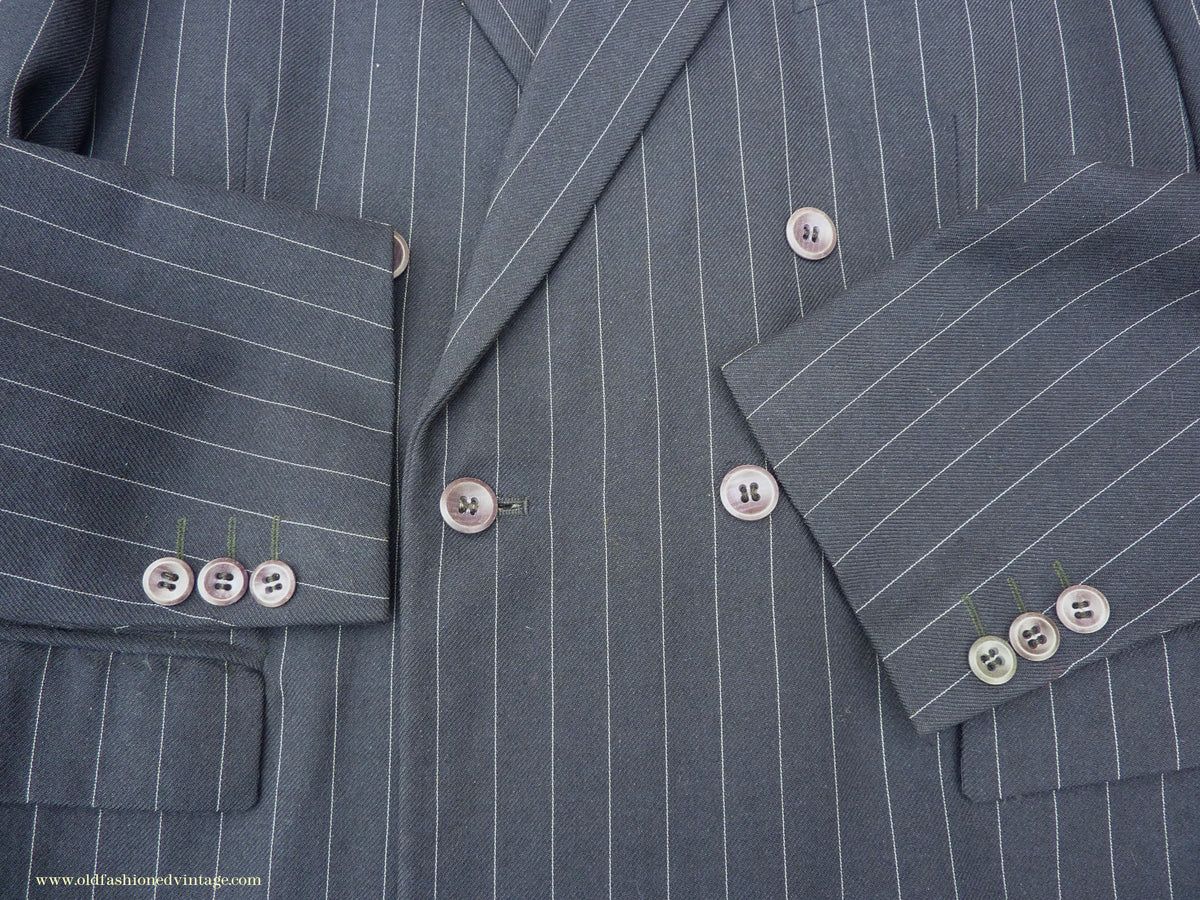 Vintage Mens 1940s 1950s Double Breasted Suit Navy Blue Pinstripe 38"
