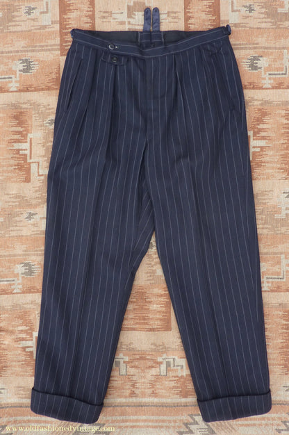 Vintage Mens 1940s 1950s Double Breasted Suit Navy Blue Pinstripe 38"