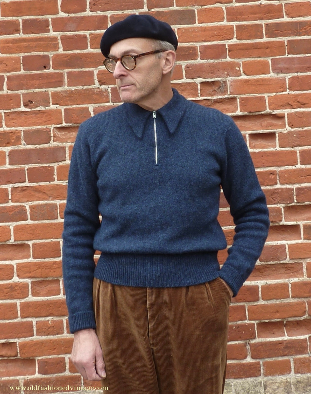 Old Fashioned Garments Vintage Reproduction 1940s Mens Long Collar Zip Neck Jumper Indigo Blue Polo Sweater M