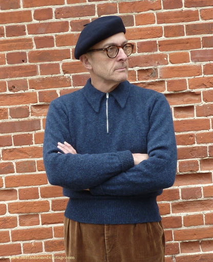 Old Fashioned Garments Vintage Reproduction 1940s Mens Long Collar Zip Neck Jumper Indigo Blue Polo Sweater M
