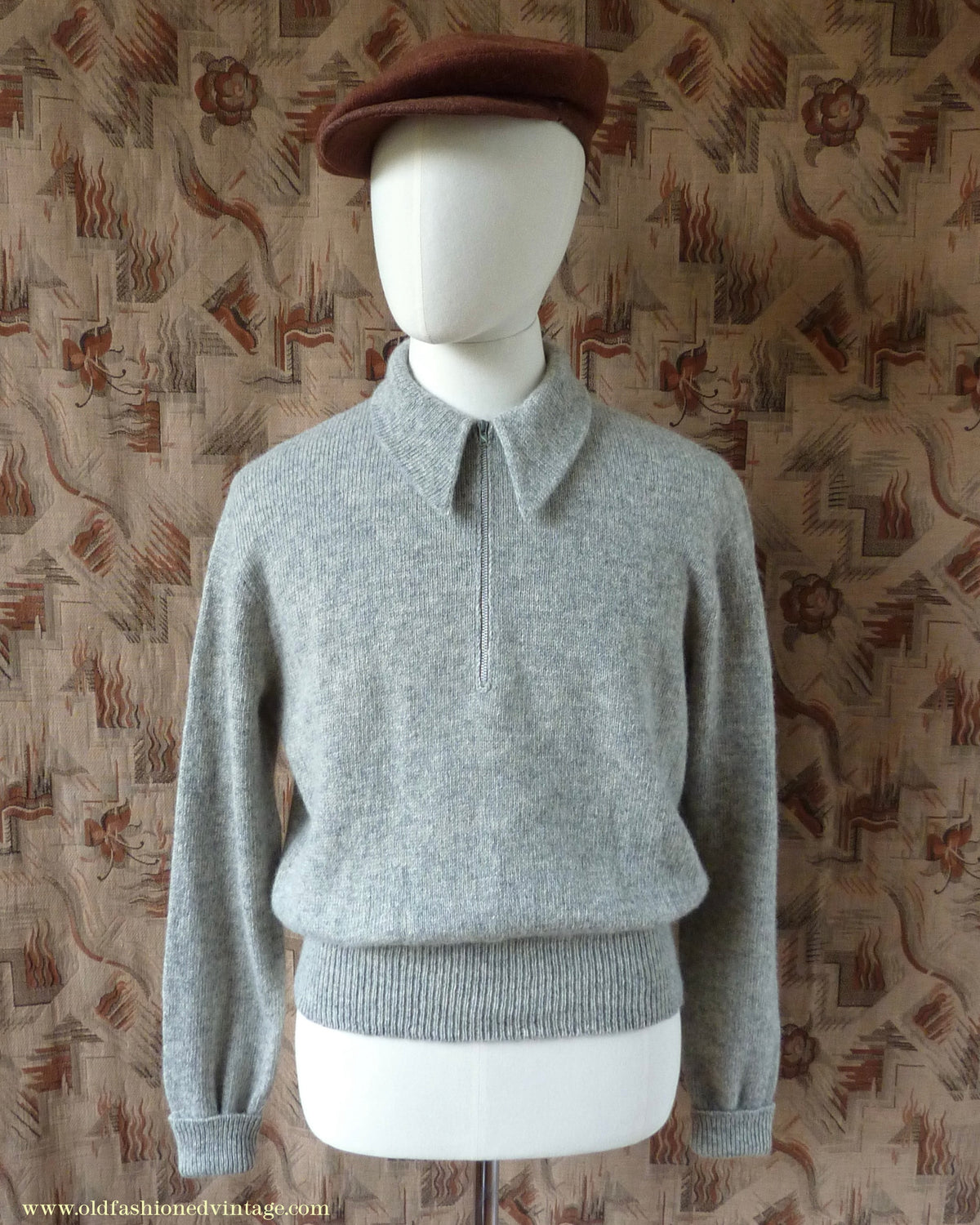 Old Fashioned Garments Vintage Reproduction 1940s Mens Long Collar Zip Neck Jumper Light Grey Melange Wool Polo Sweater L