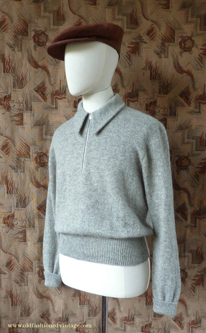 Old Fashioned Garments Vintage Reproduction 1940s Mens Long Collar Zip Neck Jumper Light Grey Melange Wool Polo Sweater L
