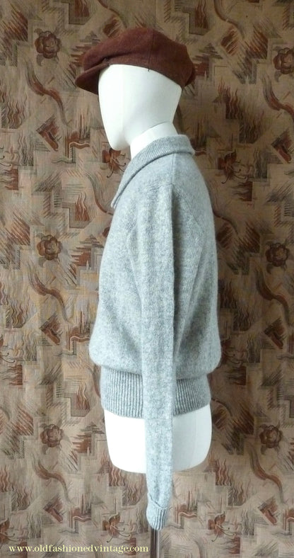 Old Fashioned Garments Vintage Reproduction 1940s Mens Long Collar Zip Neck Jumper Light Grey Melange Wool Polo Sweater L