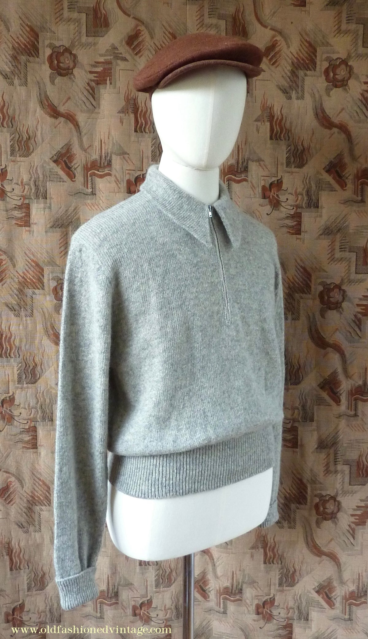 Old Fashioned Garments Vintage Reproduction 1940s Mens Long Collar Zip Neck Jumper Light Grey Melange Wool Polo Sweater L