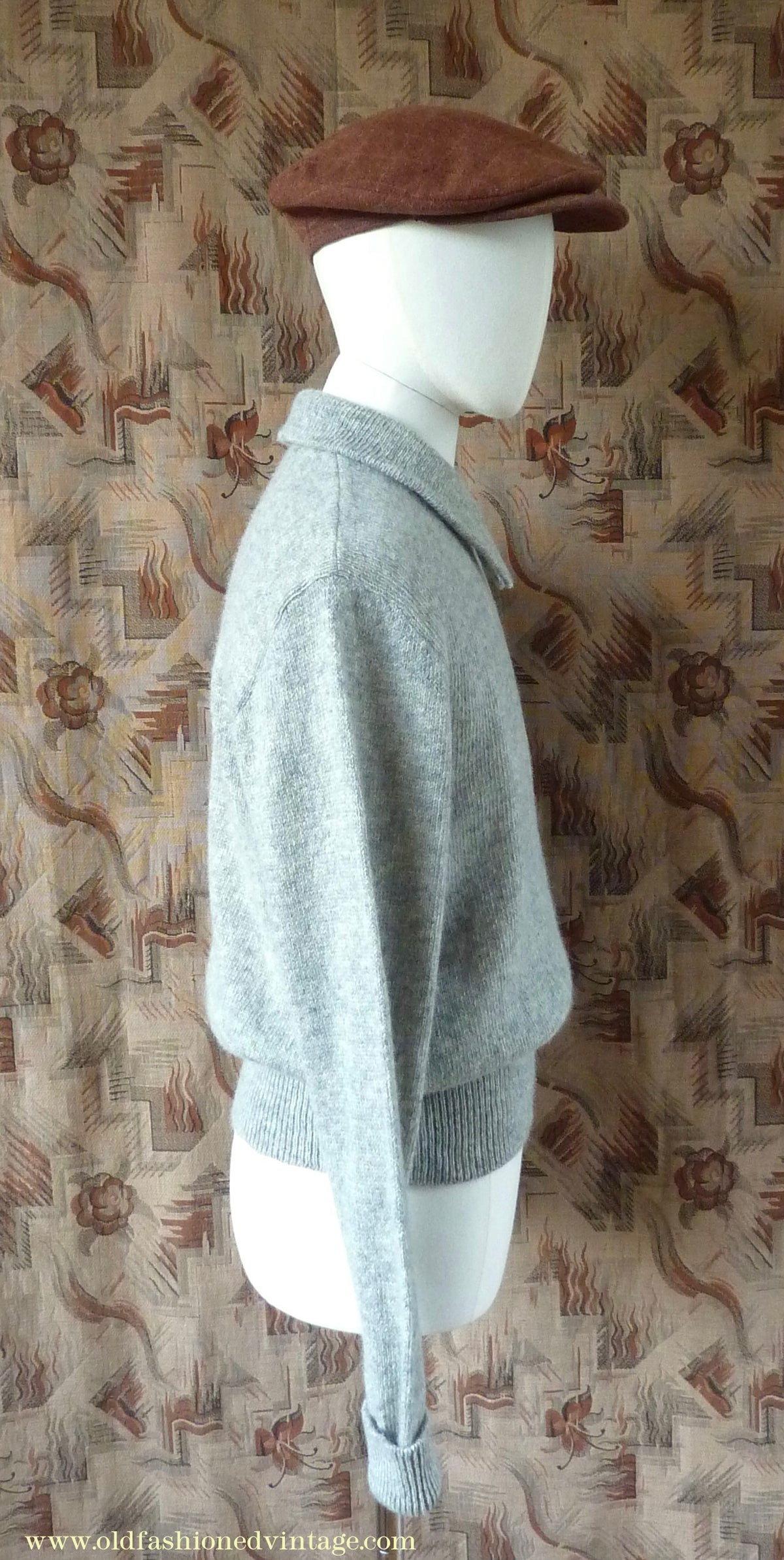 Old Fashioned Garments Vintage Reproduction 1940s Mens Long Collar Zip Neck Jumper Light Grey Melange Wool Polo Sweater L
