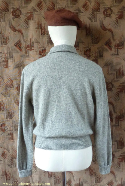 Old Fashioned Garments Vintage Reproduction 1940s Mens Long Collar Zip Neck Jumper Light Grey Melange Wool Polo Sweater L