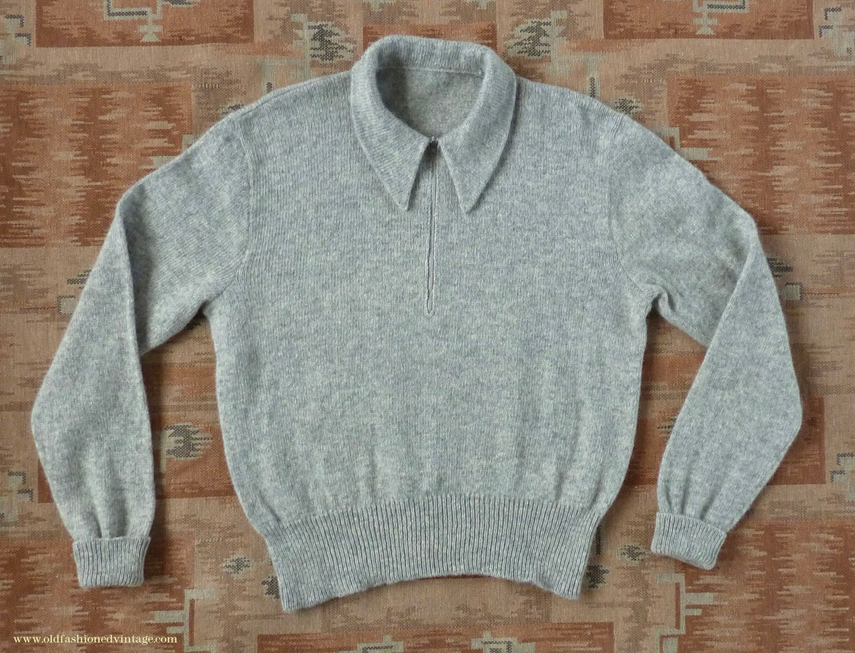 Old Fashioned Garments Vintage Reproduction 1940s Mens Long Collar Zip Neck Jumper Light Grey Melange Wool Polo Sweater L
