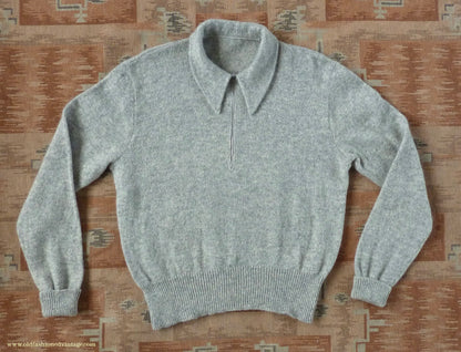 Old Fashioned Garments Vintage Reproduction 1940s Mens Long Collar Zip Neck Jumper Light Grey Melange Wool Polo Sweater L