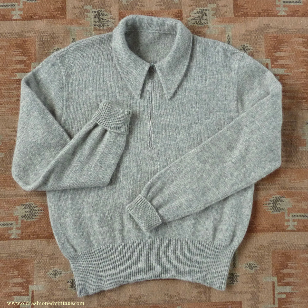 Old Fashioned Garments Vintage Reproduction 1940s Mens Long Collar Zip Neck Jumper Light Grey Melange Wool Polo Sweater L