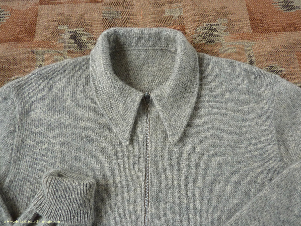 Old Fashioned Garments Vintage Reproduction 1940s Mens Long Collar Zip Neck Jumper Light Grey Melange Wool Polo Sweater L