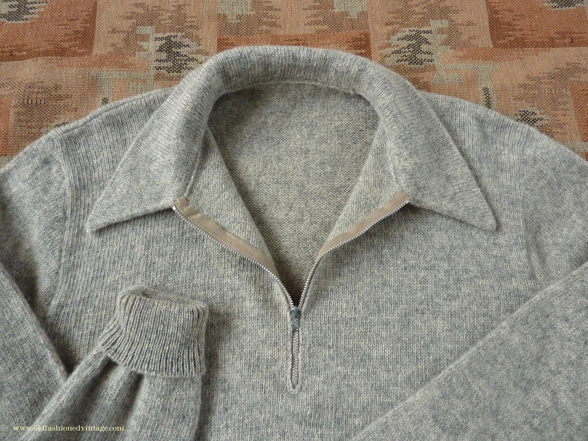 Old Fashioned Garments Vintage Reproduction 1940s Mens Long Collar Zip Neck Jumper Light Grey Melange Wool Polo Sweater L