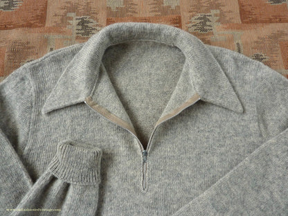 Old Fashioned Garments Vintage Reproduction 1940s Mens Long Collar Zip Neck Jumper Light Grey Melange Wool Polo Sweater L