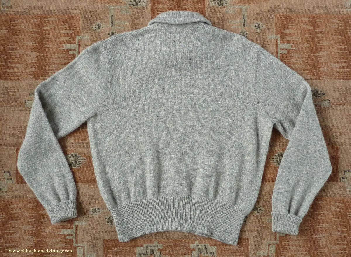 Old Fashioned Garments Vintage Reproduction 1940s Mens Long Collar Zip Neck Jumper Light Grey Melange Wool Polo Sweater L