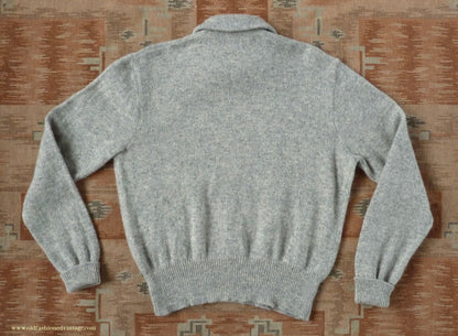 Old Fashioned Garments Vintage Reproduction 1940s Mens Long Collar Zip Neck Jumper Light Grey Melange Wool Polo Sweater L