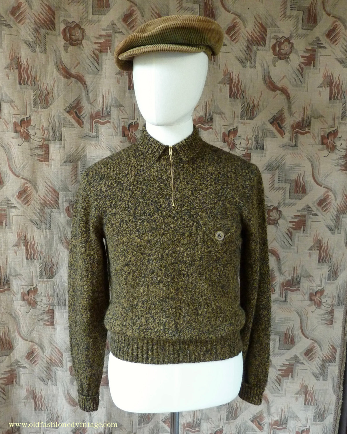 Old Fashioned Garments Vintage Reproduction 1930s 1940s Mens Chest Pocket Zip Neck Jumper Golden Ochre & Black Marl Polo Sweater S
