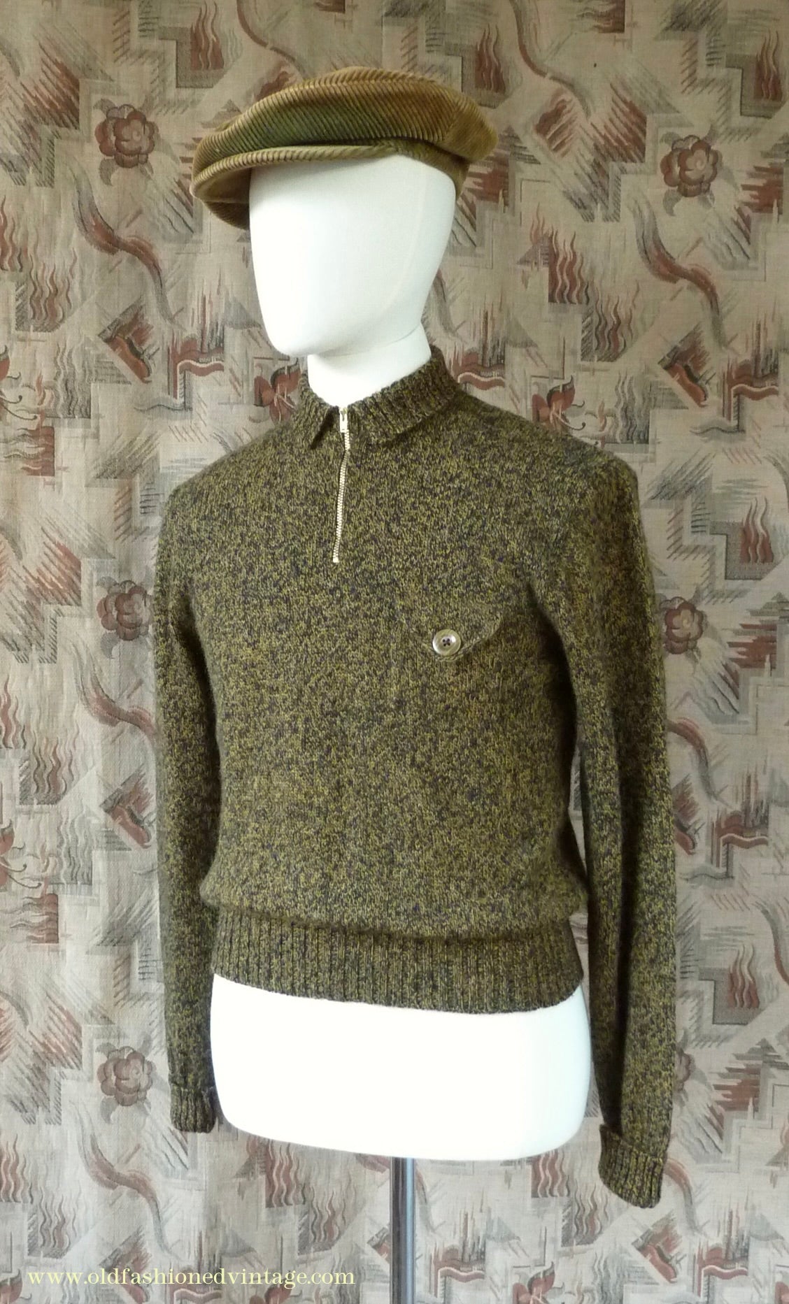 Old Fashioned Garments Vintage Reproduction 1930s 1940s Mens Chest Pocket Zip Neck Jumper Golden Ochre & Black Marl Polo Sweater S
