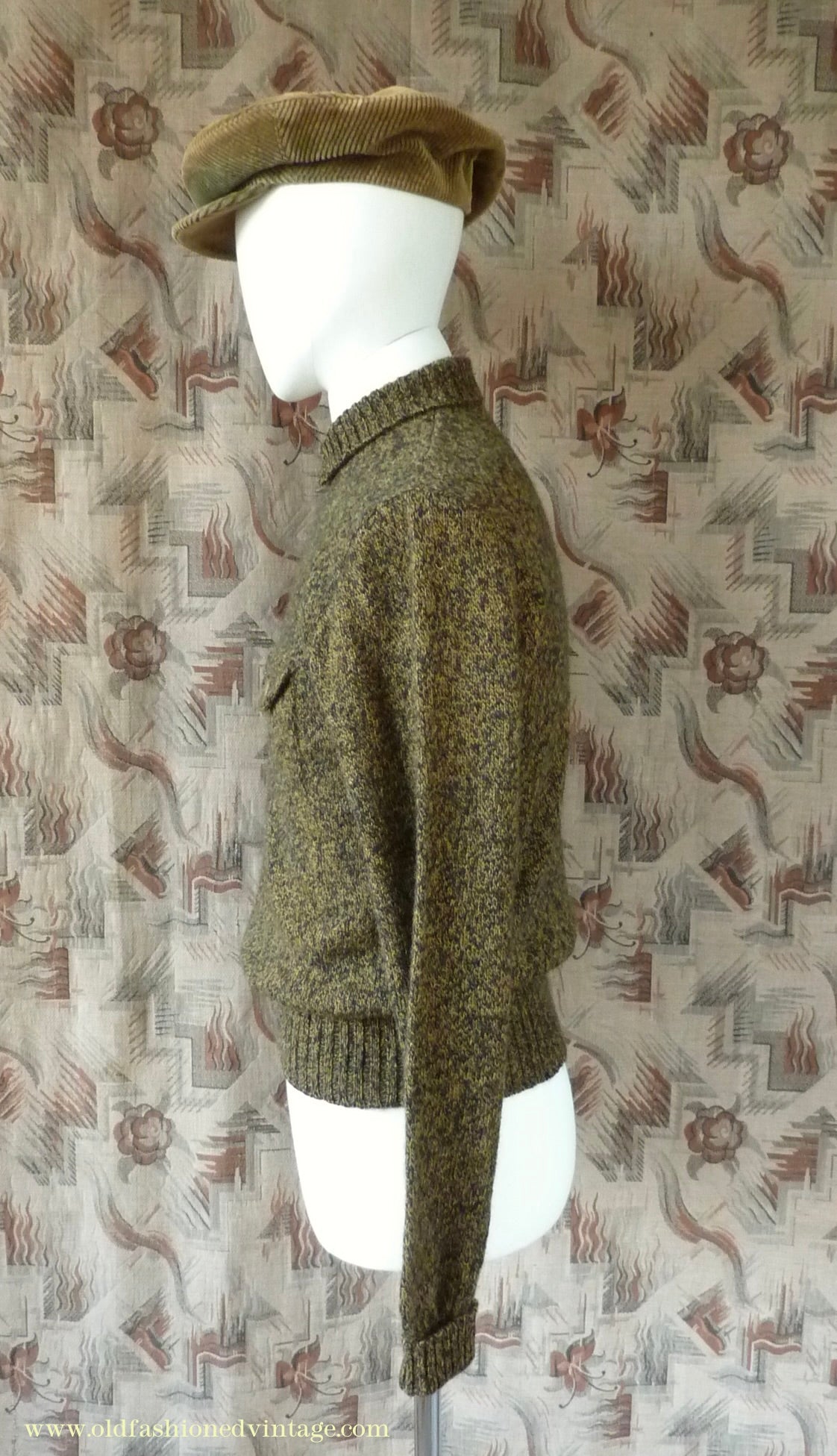 Old Fashioned Garments Vintage Reproduction 1930s 1940s Mens Chest Pocket Zip Neck Jumper Golden Ochre & Black Marl Polo Sweater S