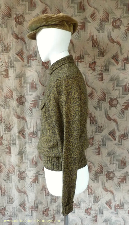 Old Fashioned Garments Vintage Reproduction 1930s 1940s Mens Chest Pocket Zip Neck Jumper Golden Ochre & Black Marl Polo Sweater S