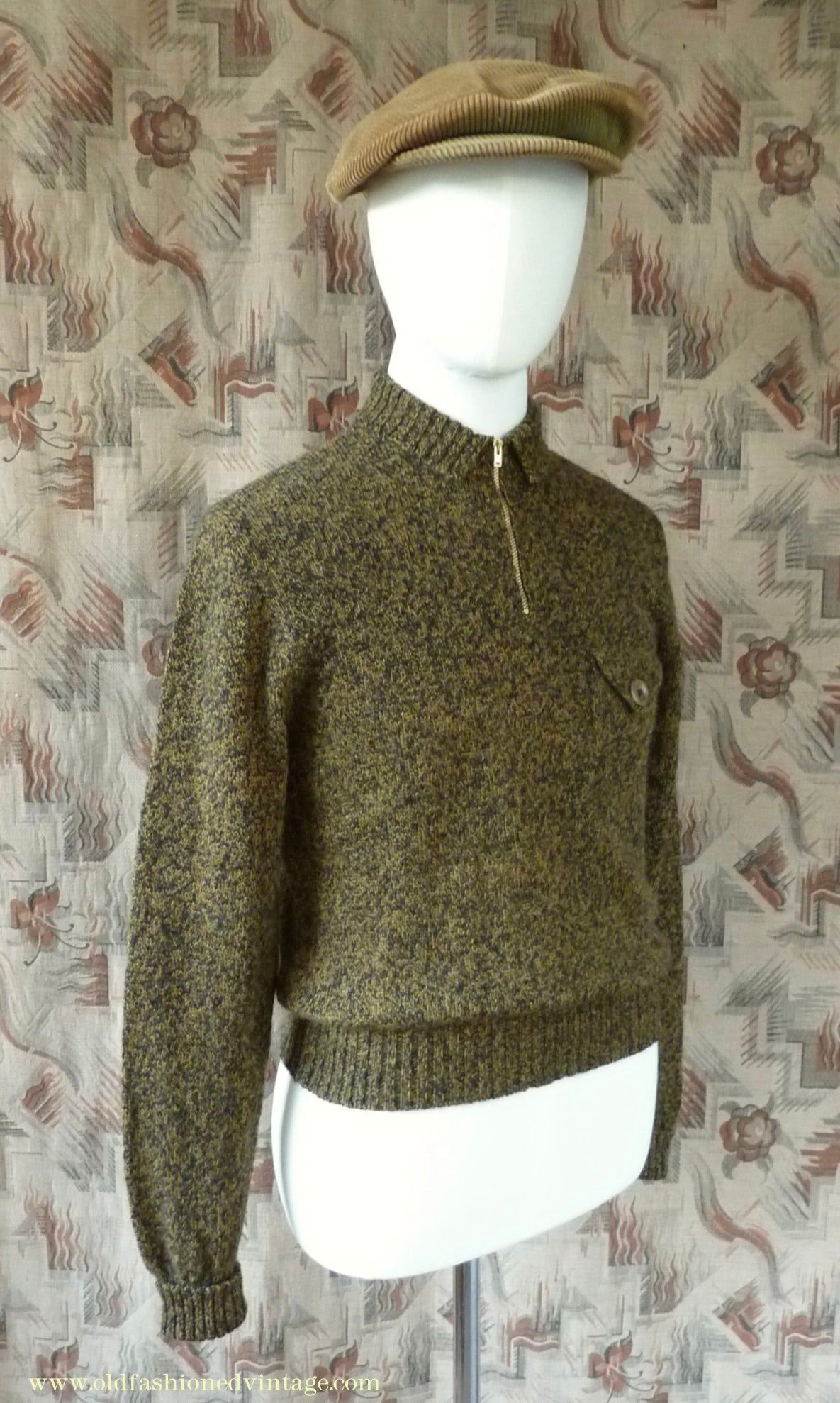 Old Fashioned Garments Vintage Reproduction 1930s 1940s Mens Chest Pocket Zip Neck Jumper Golden Ochre & Black Marl Polo Sweater S