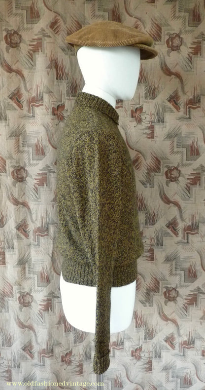 Old Fashioned Garments Vintage Reproduction 1930s 1940s Mens Chest Pocket Zip Neck Jumper Golden Ochre & Black Marl Polo Sweater S
