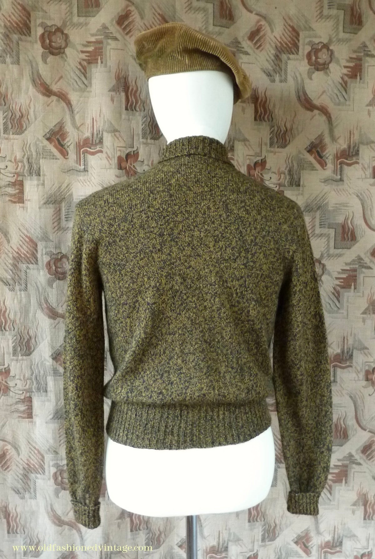 Old Fashioned Garments Vintage Reproduction 1930s 1940s Mens Chest Pocket Zip Neck Jumper Golden Ochre & Black Marl Polo Sweater S