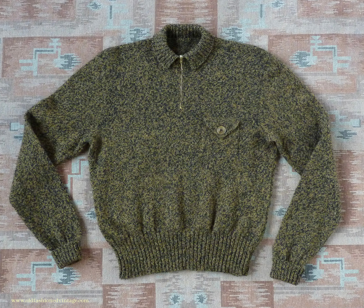 Old Fashioned Garments Vintage Reproduction 1930s 1940s Mens Chest Pocket Zip Neck Jumper Golden Ochre & Black Marl Polo Sweater S
