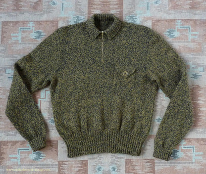 Old Fashioned Garments Vintage Reproduction 1930s 1940s Mens Chest Pocket Zip Neck Jumper Golden Ochre & Black Marl Polo Sweater S