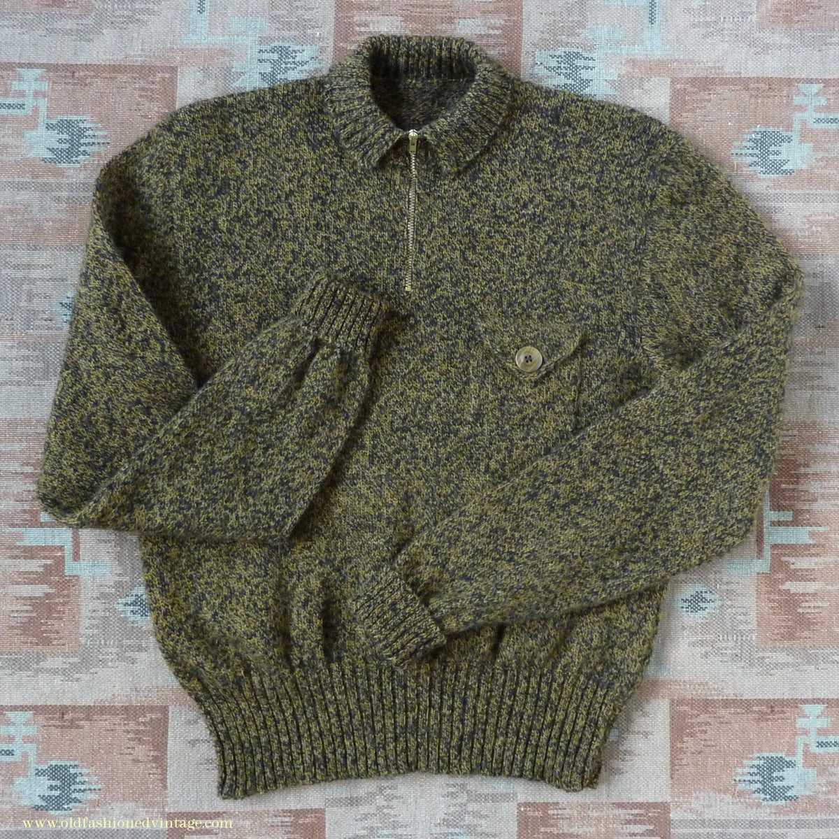 Old Fashioned Garments Vintage Reproduction 1930s 1940s Mens Chest Pocket Zip Neck Jumper Golden Ochre & Black Marl Polo Sweater S