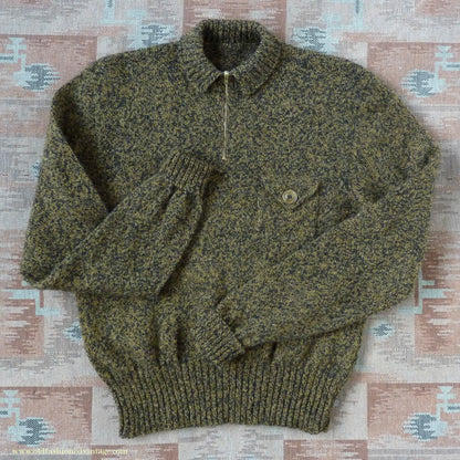 Old Fashioned Garments Vintage Reproduction 1930s 1940s Mens Chest Pocket Zip Neck Jumper Golden Ochre & Black Marl Polo Sweater S
