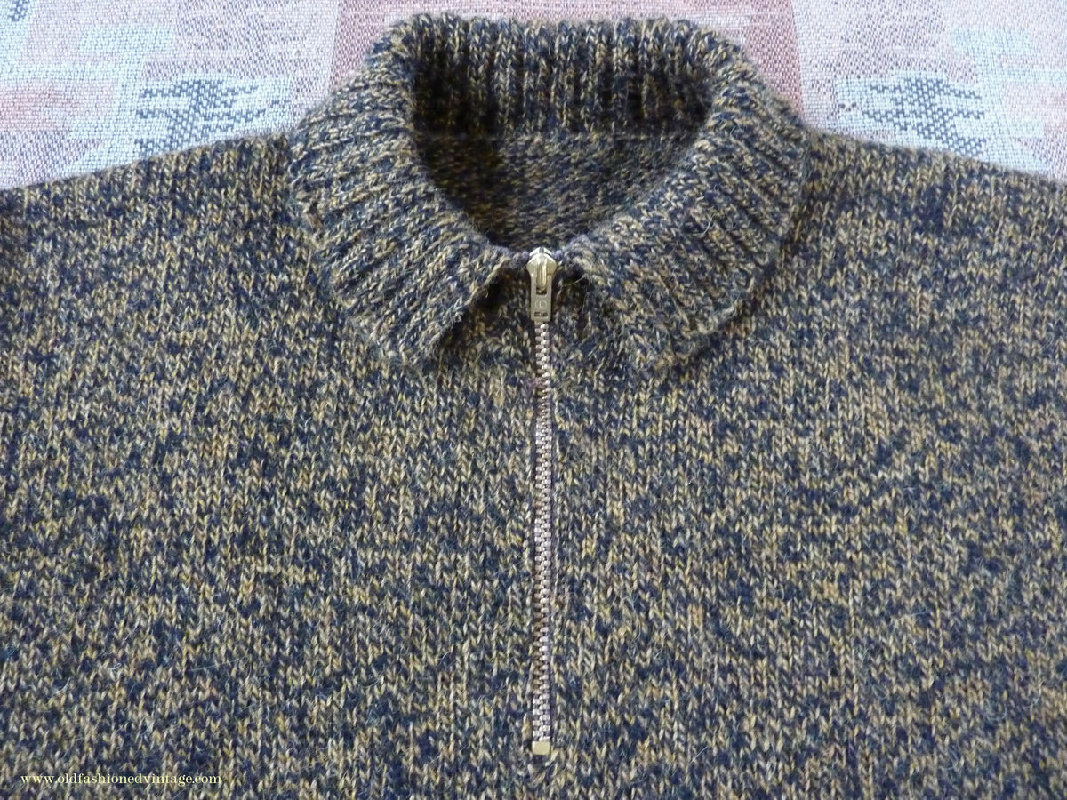 Old Fashioned Garments Vintage Reproduction 1930s 1940s Mens Chest Pocket Zip Neck Jumper Golden Ochre & Black Marl Polo Sweater S
