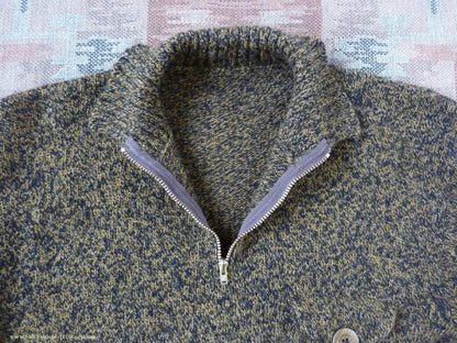 Old Fashioned Garments Vintage Reproduction 1930s 1940s Mens Chest Pocket Zip Neck Jumper Golden Ochre & Black Marl Polo Sweater S