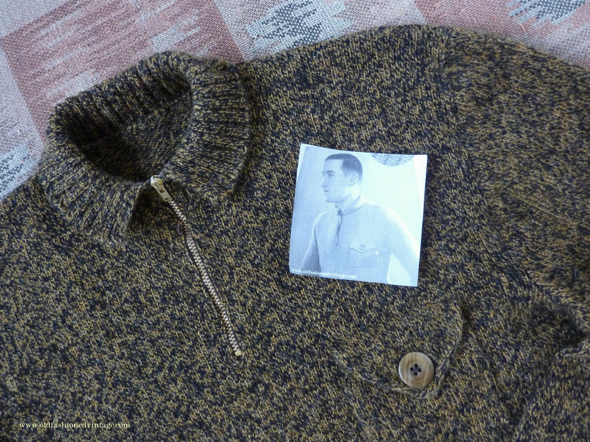 Old Fashioned Garments Vintage Reproduction 1930s 1940s Mens Chest Pocket Zip Neck Jumper Golden Ochre & Black Marl Polo Sweater S