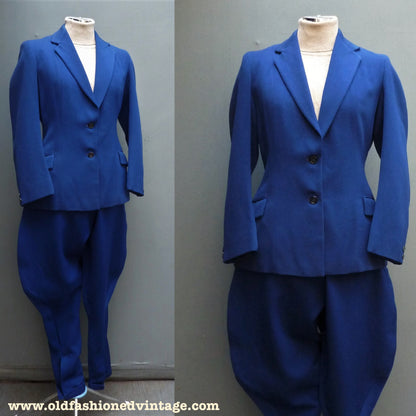 Rare Original 1930s 1940s Jodhpur Suit Blue Wool Jacket Elephant Ear Breeches UK S/M