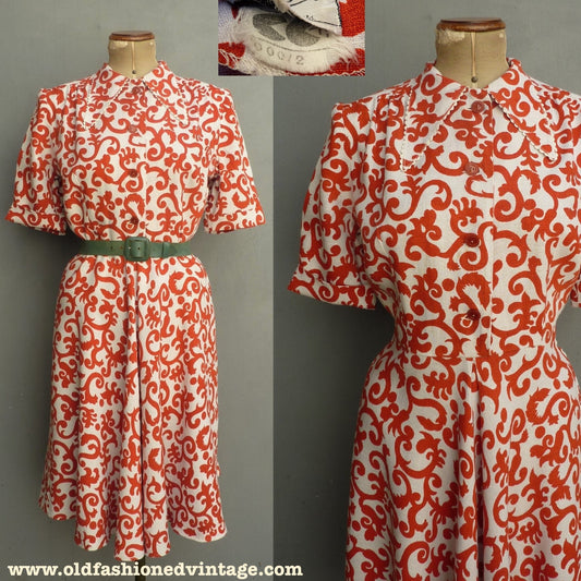 Vintage 1940s CC41 Shirtwaister Dress Orange White Novelty Print UK S/M