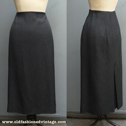 Original Vintage Skirt 1950s High Waist Waisted  Charcoal Grey Wool Flannel UK XS