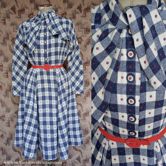 Vintage 1940s Spotty Checked Wool Dress Scarf Collar UK S