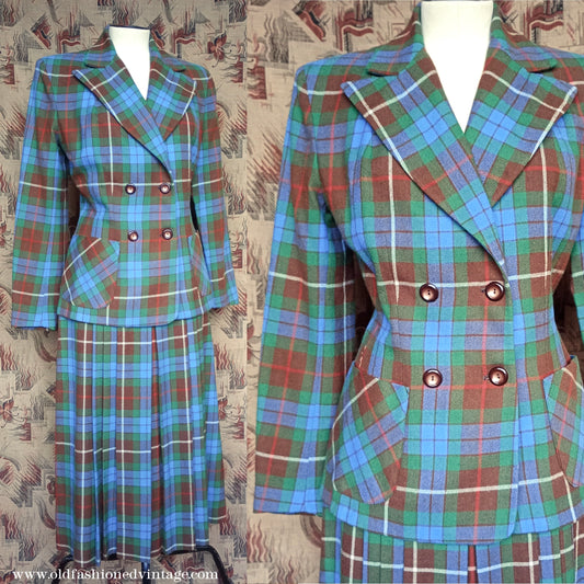 Vintage 1940s Suit Fraser Tartan Blue Green Wool Jacket Skirt UK S