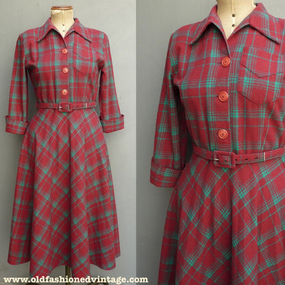 Superb Original 1940s Wool Dress Red Green Plaid Checked 40s UK S