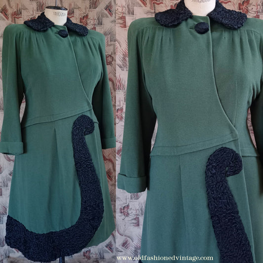 Vintage 1940s Green Wool Asymmetrical Astrakhan Trim Coat UK L